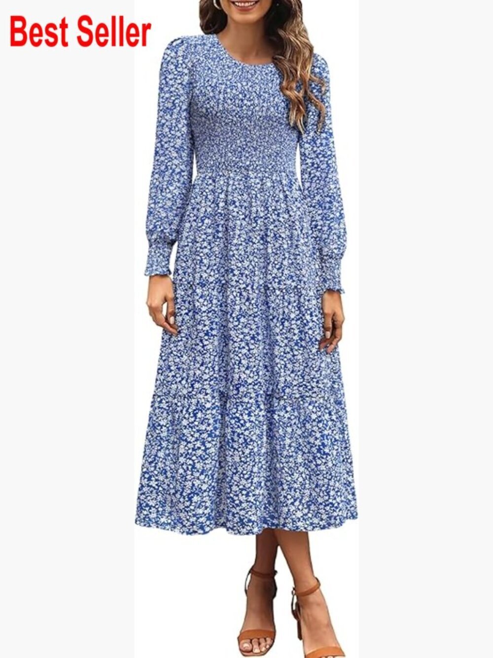 Long Sleeve Smocked Midi Dress with Pockets, Polyester, Flowy Tiered